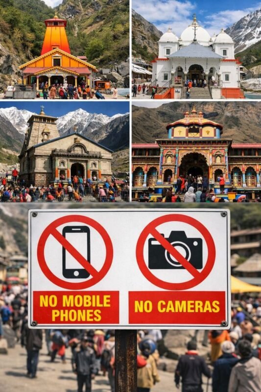 चार धाम मंदिरों (यमुनोत्री, गंगोत्री, केदारनाथ, बदरीनाथ) का दृश्य, श्रद्धालु मंदिर परिसर में, मोबाइल और कैमरा प्रतिबंध का संकेत।