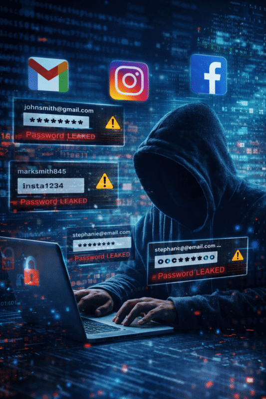 सांकेतिक चित्र में हैकर लैपटॉप पर काम कर रहा है, सामने Gmail, Instagram और Facebook के लॉगिन डिटेल्स लीक हो रहे हैं, पासवर्ड और चेतावनी चिन्ह दिखाई दे रहे हैं, साइबर खतरे का प्रतीक।