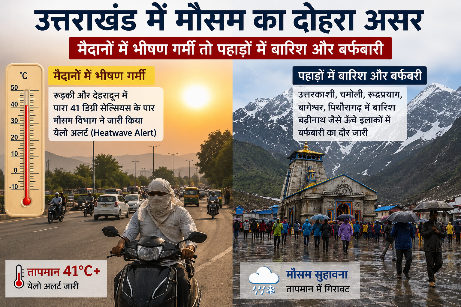 उत्तराखंड में मौसम का दोहरा असर, मैदानों में भीषण गर्मी तो पहाड़ों में बारिश और बर्फबारी से राहत
