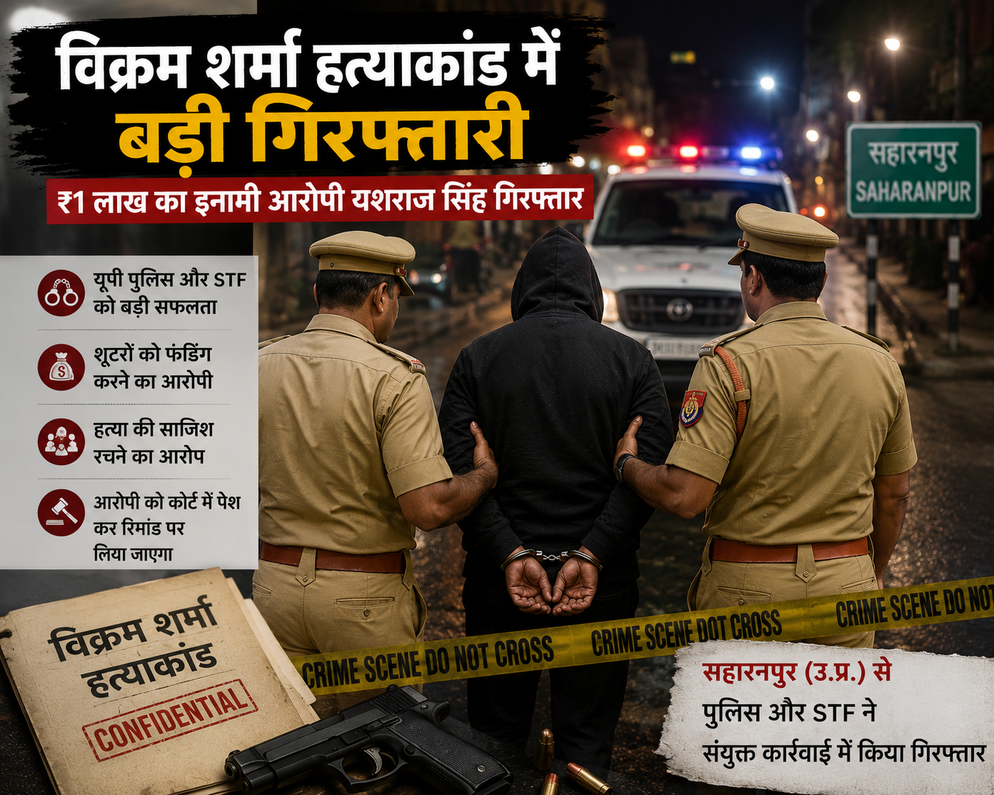 विक्रम शर्मा हत्याकांड में बड़ी गिरफ्तारी, ₹1 लाख का इनामी आरोपी सहारनपुर से दबोचा गया