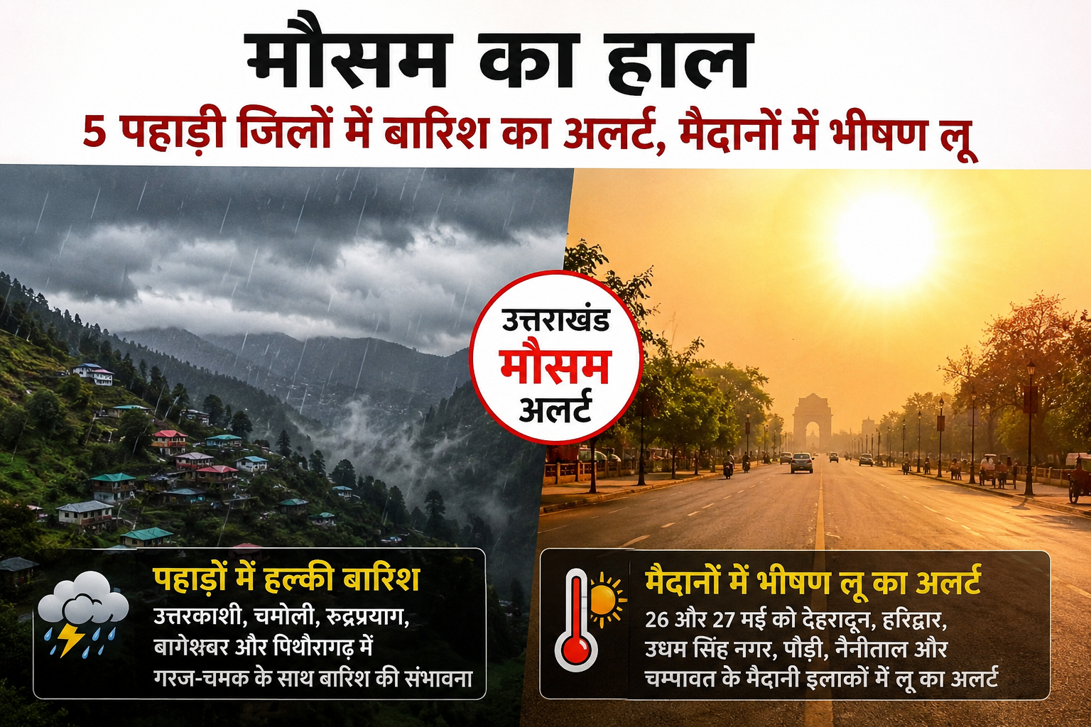 उत्तराखंड में मौसम का दोहरा प्रहार: पहाड़ों में बारिश और बिजली का खतरा, मैदानों में भीषण लू से बढ़ी परेशानी