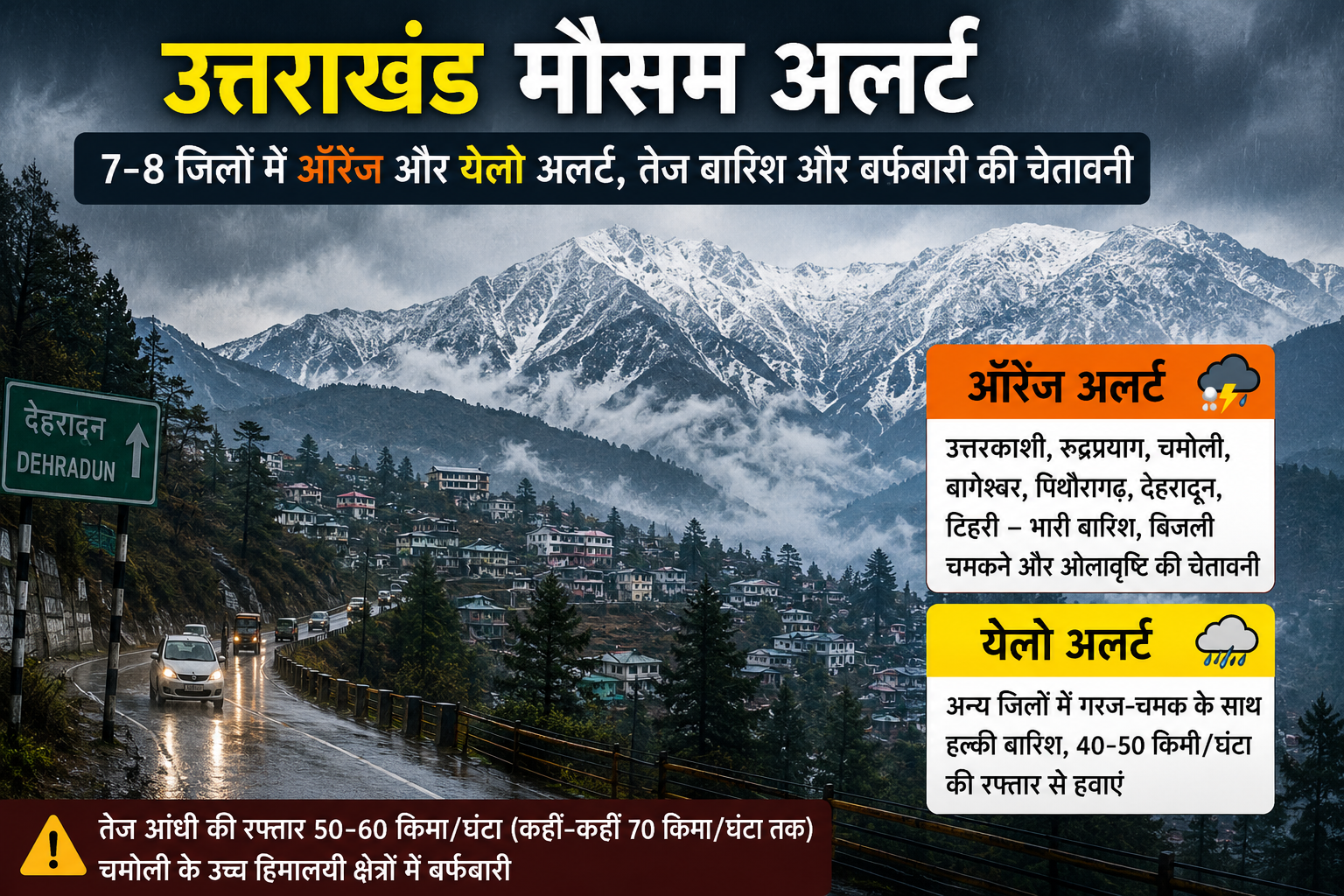 उत्तराखंड मौसम अलर्ट: 7–8 जिलों में ऑरेंज और येलो अलर्ट, तेज बारिश और बर्फबारी की चेतावनी