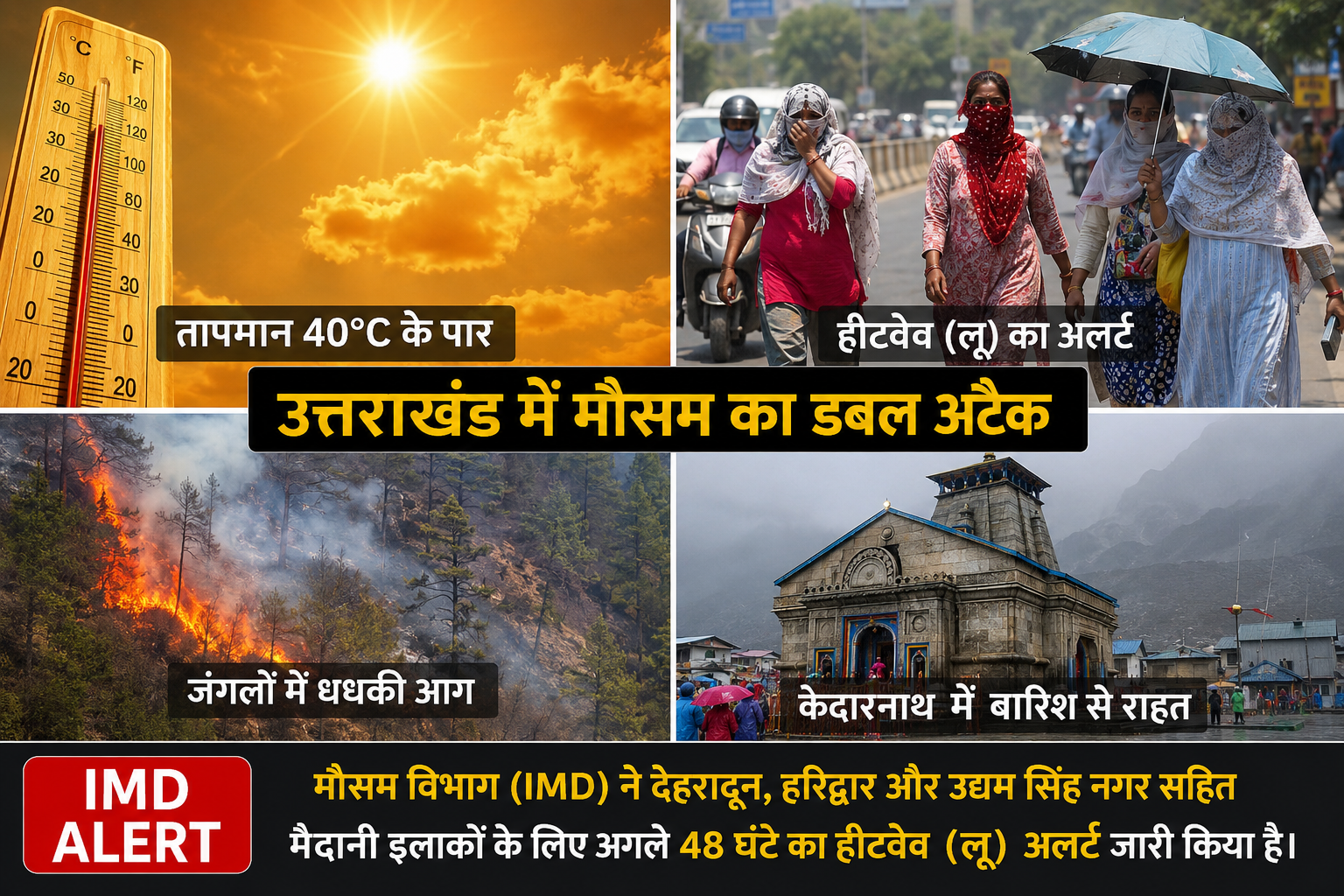 उत्तराखंड में मौसम का डबल अटैक: मैदानों में भीषण गर्मी और लू का कहर, पहाड़ों में भी बढ़ा तापमान, जंगलों में धधकी आग, केदारनाथ में बारिश से राहत