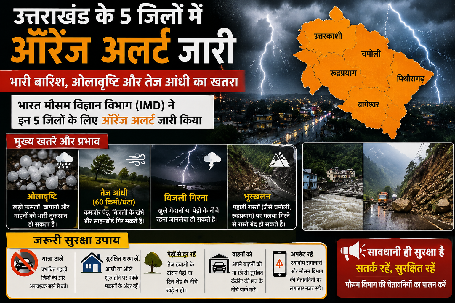 उत्तराखंड के 5 जिलों में मौसम का बड़ा अलर्ट, ओलावृष्टि-आंधी और भूस्खलन का खतरा बढ़ा