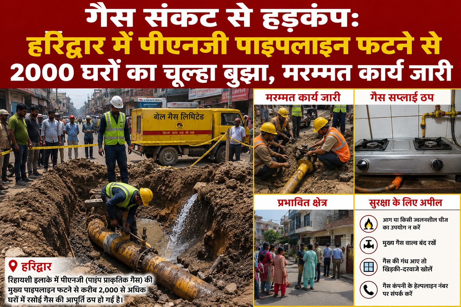 गैस संकट से हड़कंप: हरिद्वार में PNG पाइपलाइन फटने से 2000 घरों की गैस सप्लाई ठप