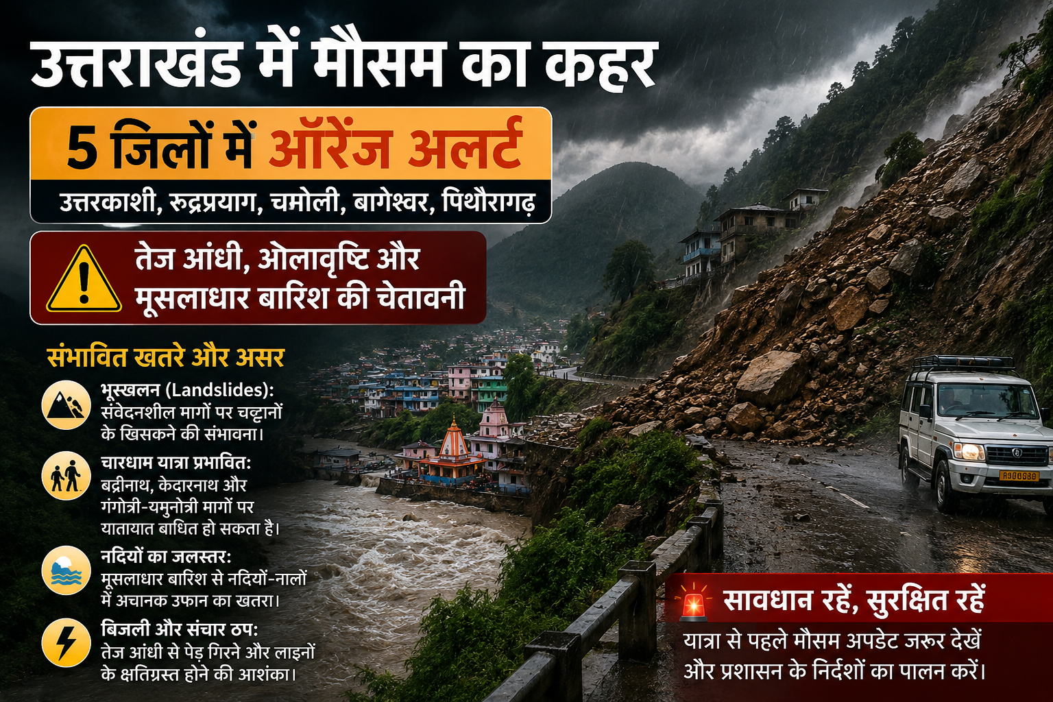 उत्तराखंड में मौसम का कहर: 5 पर्वतीय जिलों में ऑरेंज अलर्ट, चारधाम यात्रा मार्गों पर बढ़ा खतरा