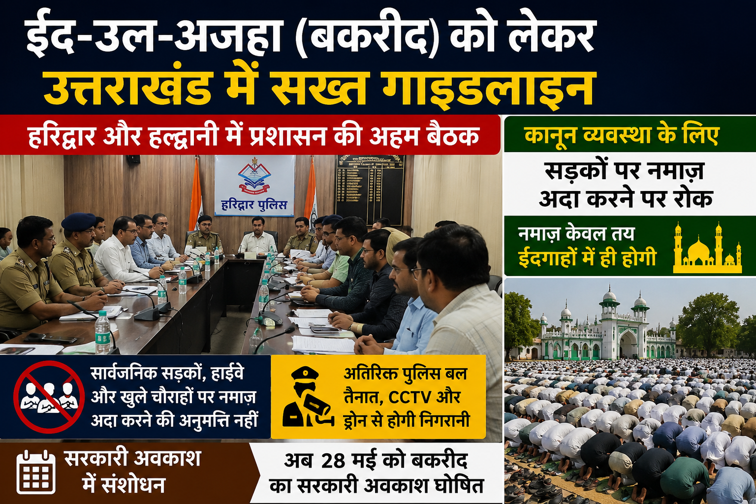 बकरीद को लेकर उत्तराखंड में सख्त गाइडलाइन लागू ,हरिद्वार और हल्द्वानी में प्रशासन अलर्ट मोड पर, सड़कों पर नमाज पर रोक