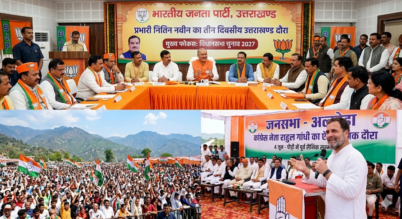 बीजेपी का दौरा: 28 मई से बीजेपी के उत्तराखंड प्रभारी नितिन नवीन का तीन दिवसीय उत्तराखंड दौरा शुरू हो रहा है, जिसका मुख्य फोकस 2027 के विधानसभा चुनावों पर रहेगा।राहुल गांधी का दौरा: कांग्रेस नेता राहुल गांधी 4 जून को अल्मोड़ा में जनसभा करेंगे और पौड़ी में पूर्व सैनिक सम्मेलन को संबोधित करेंगे।