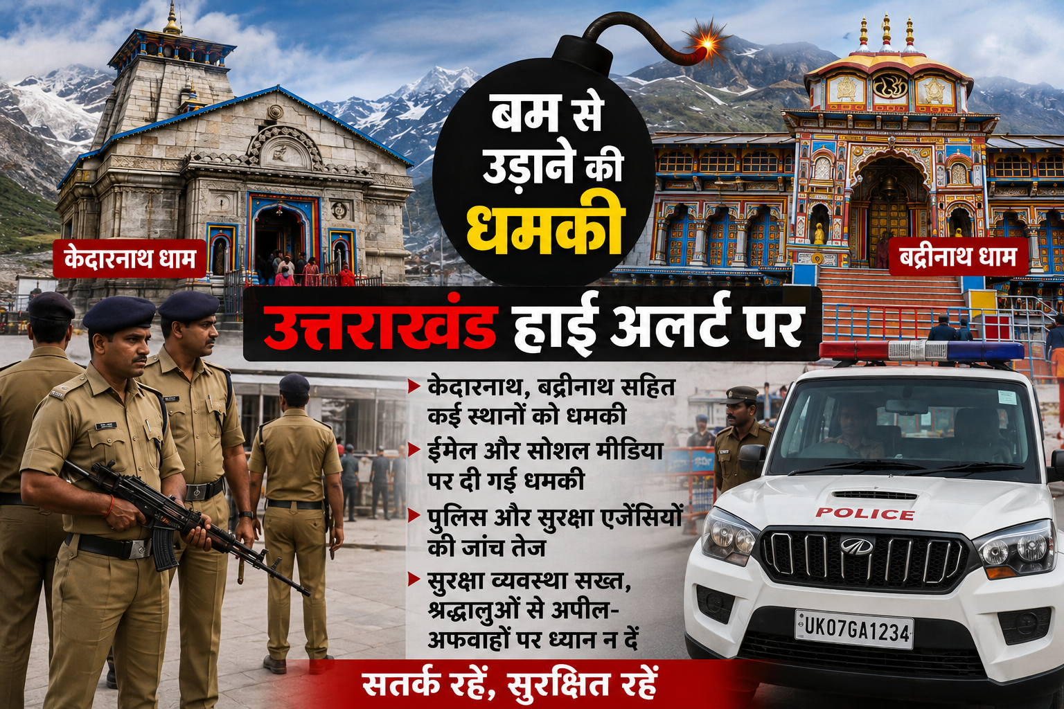 उत्तराखंड में बम धमकी से हाई अलर्ट: केदारनाथ, बद्रीनाथ समेत कई संवेदनशील स्थान निशाने पर, पुलिस और सुरक्षा एजेंसियों की जांच तेज