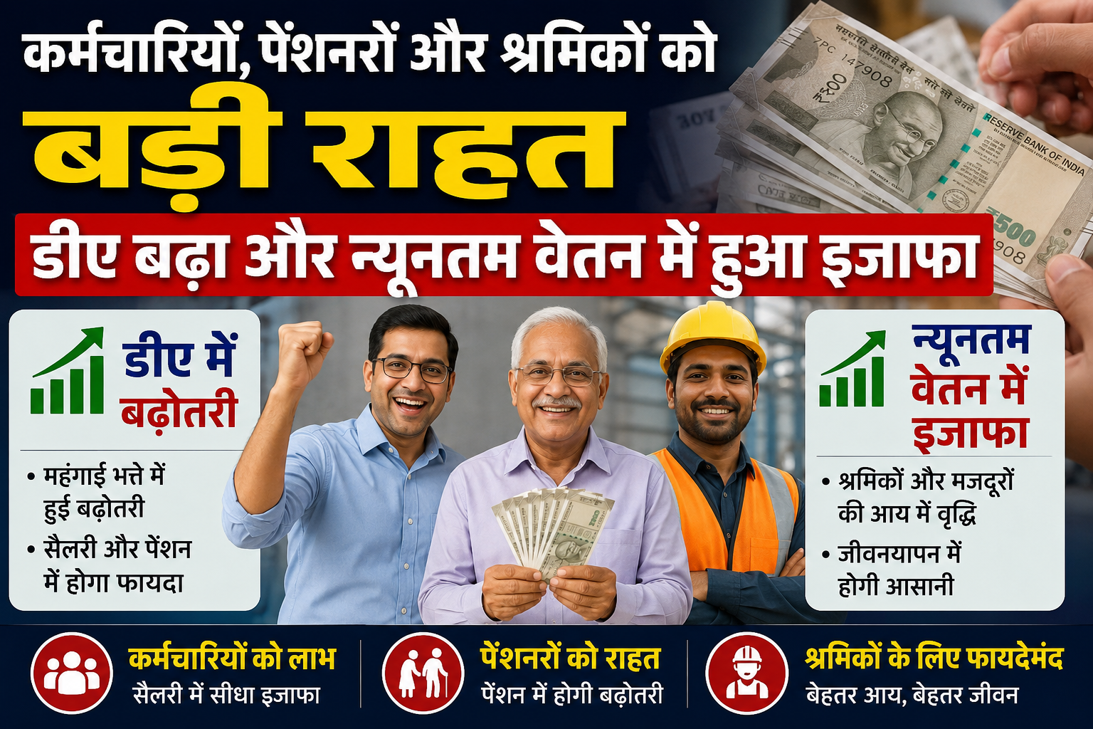 कर्मचारियों, पेंशनरों और श्रमिकों को बड़ी राहत, डीए बढ़ा और न्यूनतम वेतन में हुआ इजाफा