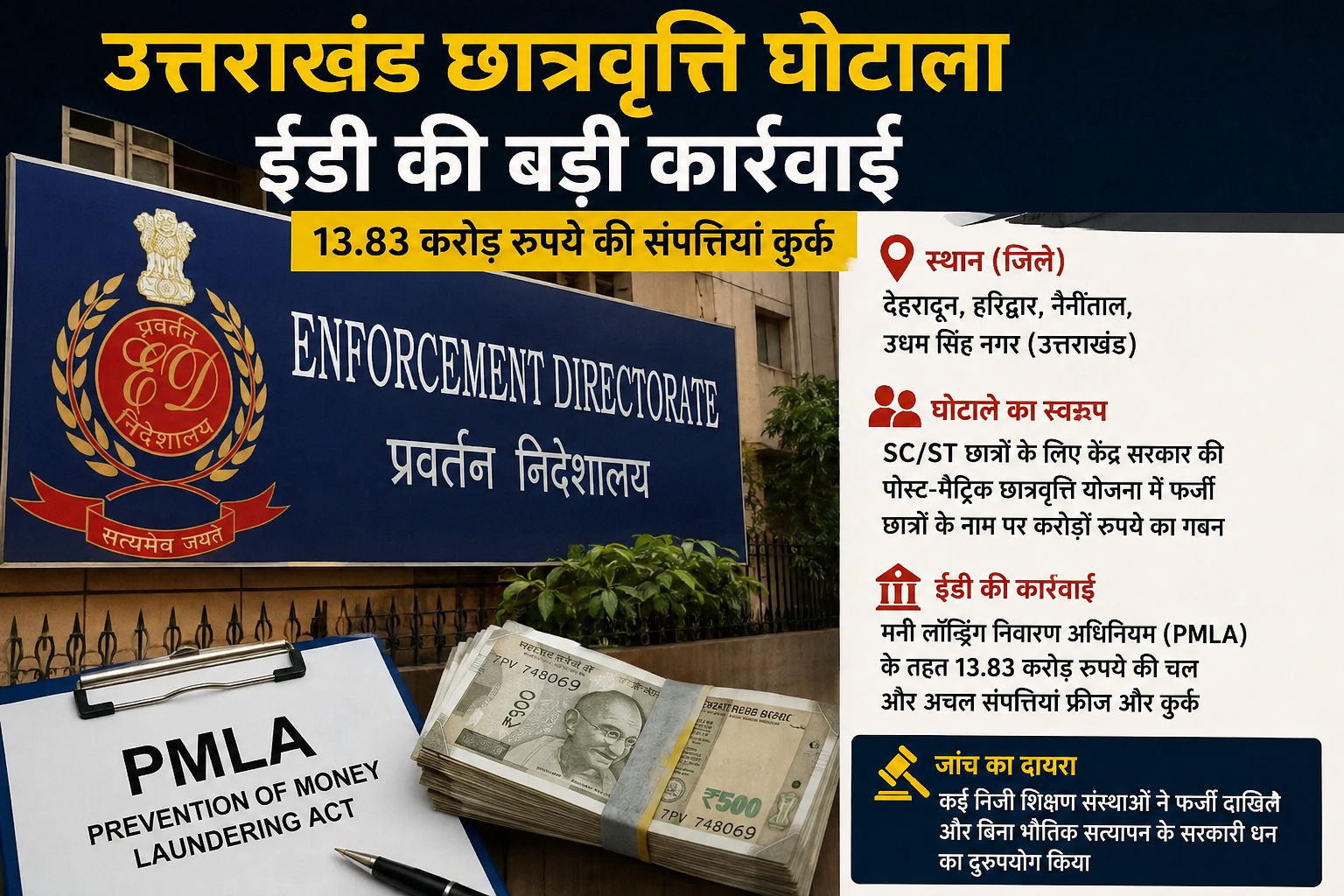 ED की बड़ी कार्रवाई: उत्तराखंड छात्रवृत्ति घोटाले में 13.83 करोड़ की संपत्ति जब्त