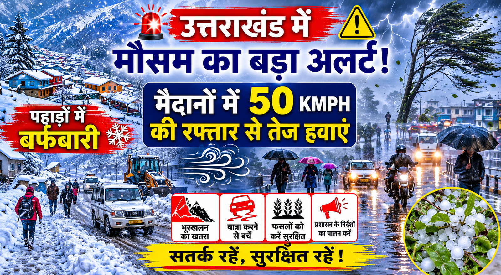 उत्तराखंड में मौसम का बड़ा अलर्ट: पहाड़ों में बर्फबारी, मैदानों में 50 किमी प्रति घंटे की रफ्तार से चलेंगी तेज हवाएं, कई जिलों में भारी बारिश का खतरा