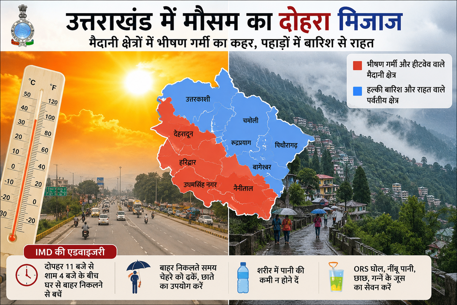 उत्तराखंड में मौसम का दोहरा मिजाज: मैदानी क्षेत्रों में भीषण गर्मी का कहर, पहाड़ों में बारिश से राहत