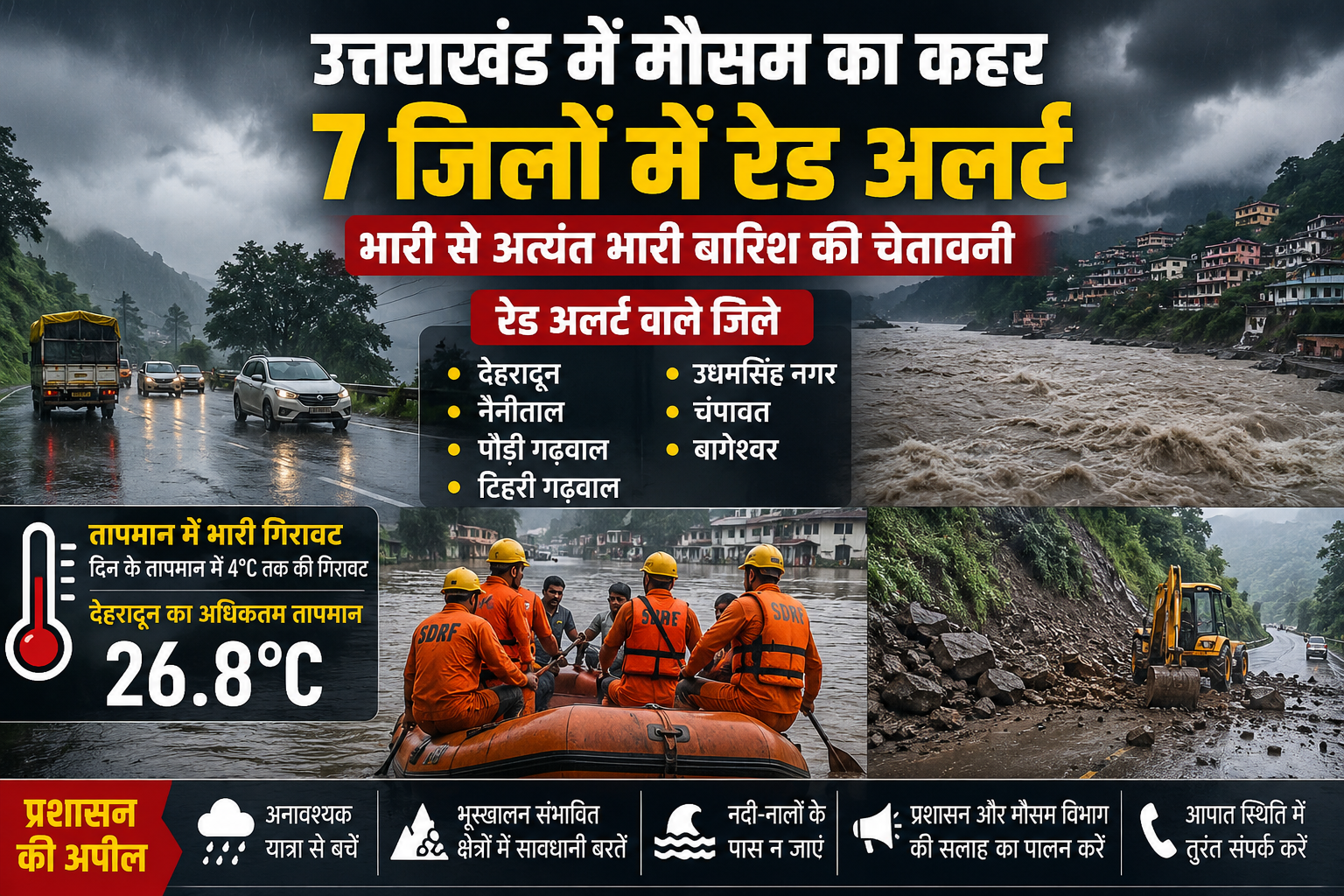 उत्तराखंड में मौसम का कहर: 7 जिलों में रेड अलर्ट, भारी से अत्यंत भारी बारिश की चेतावनी, प्रशासन हाई अलर्ट पर