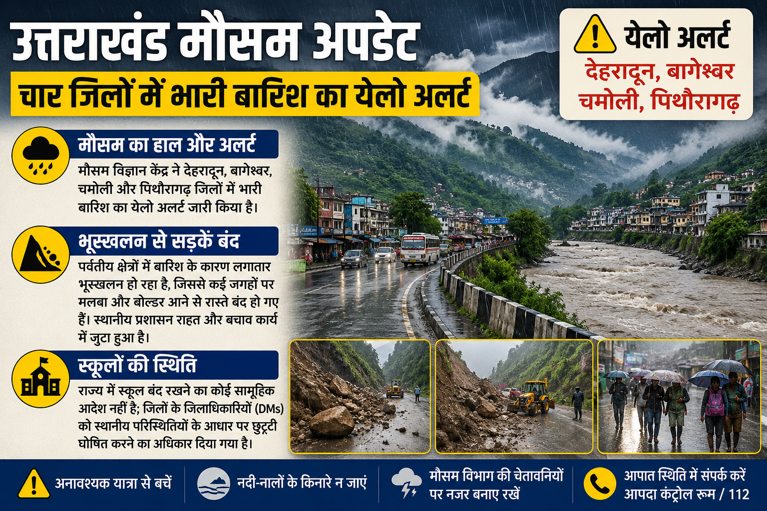 उत्तराखंड मौसम अपडेट: चार जिलों में भारी बारिश का येलो अलर्ट, भूस्खलन से कई सड़कें बंद
