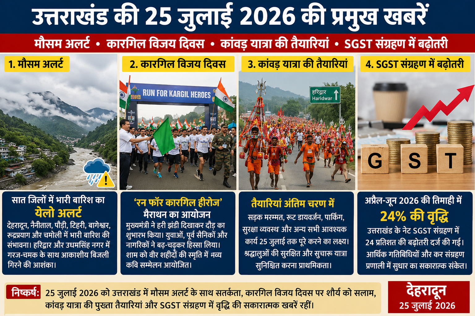 उत्तराखंड की 25 जुलाई 2026 की प्रमुख खबरें: मौसम अलर्ट, कारगिल विजय दिवस, कांवड़ यात्रा और SGST राजस्व में 24% बढ़ोतरी