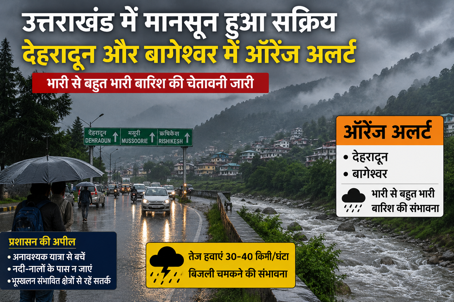 उत्तराखंड में मानसून का असर तेज, देहरादून और बागेश्वर में ऑरेंज अलर्ट, भारी बारिश की चेतावनी