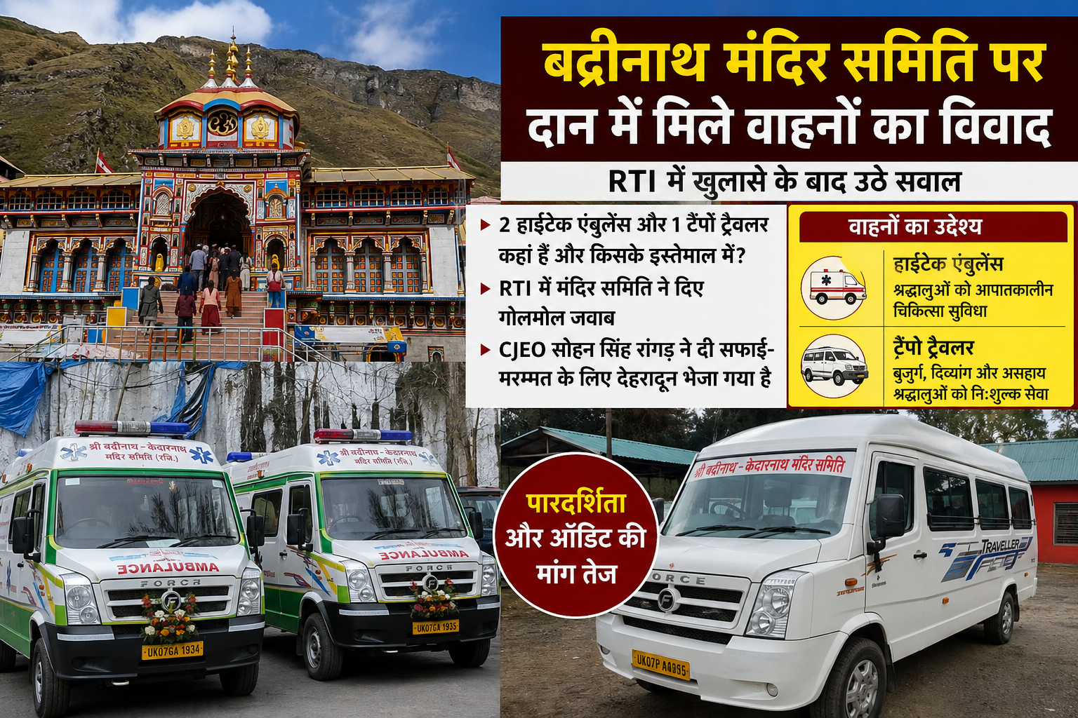 बद्रीनाथ-केदारनाथ मंदिर समिति पर फिर उठे सवाल: RTI में दान में मिले वाहनों का मामला गरमाया, हाईटेक एंबुलेंस और टेंपो ट्रैवलर को लेकर बढ़ी पारदर्शिता की मांग