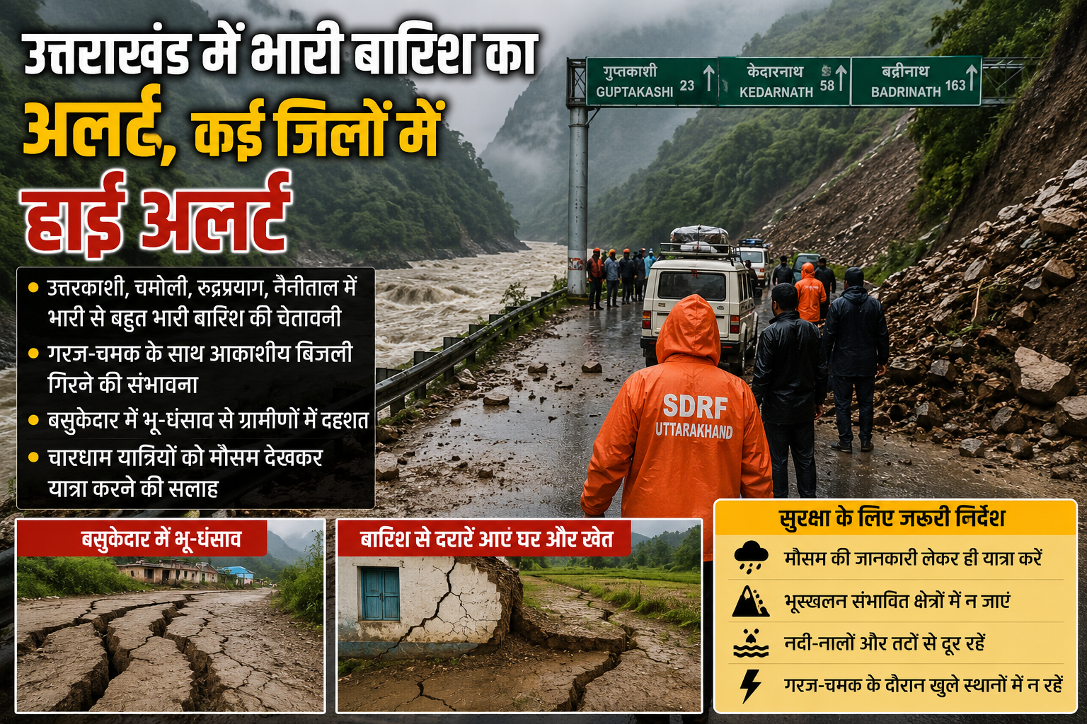 उत्तराखंड में भारी बारिश का अलर्ट: कई जिलों में हाई अलर्ट, रुद्रप्रयाग के बसुकेदार में भू-धंसाव से बढ़ी चिंता