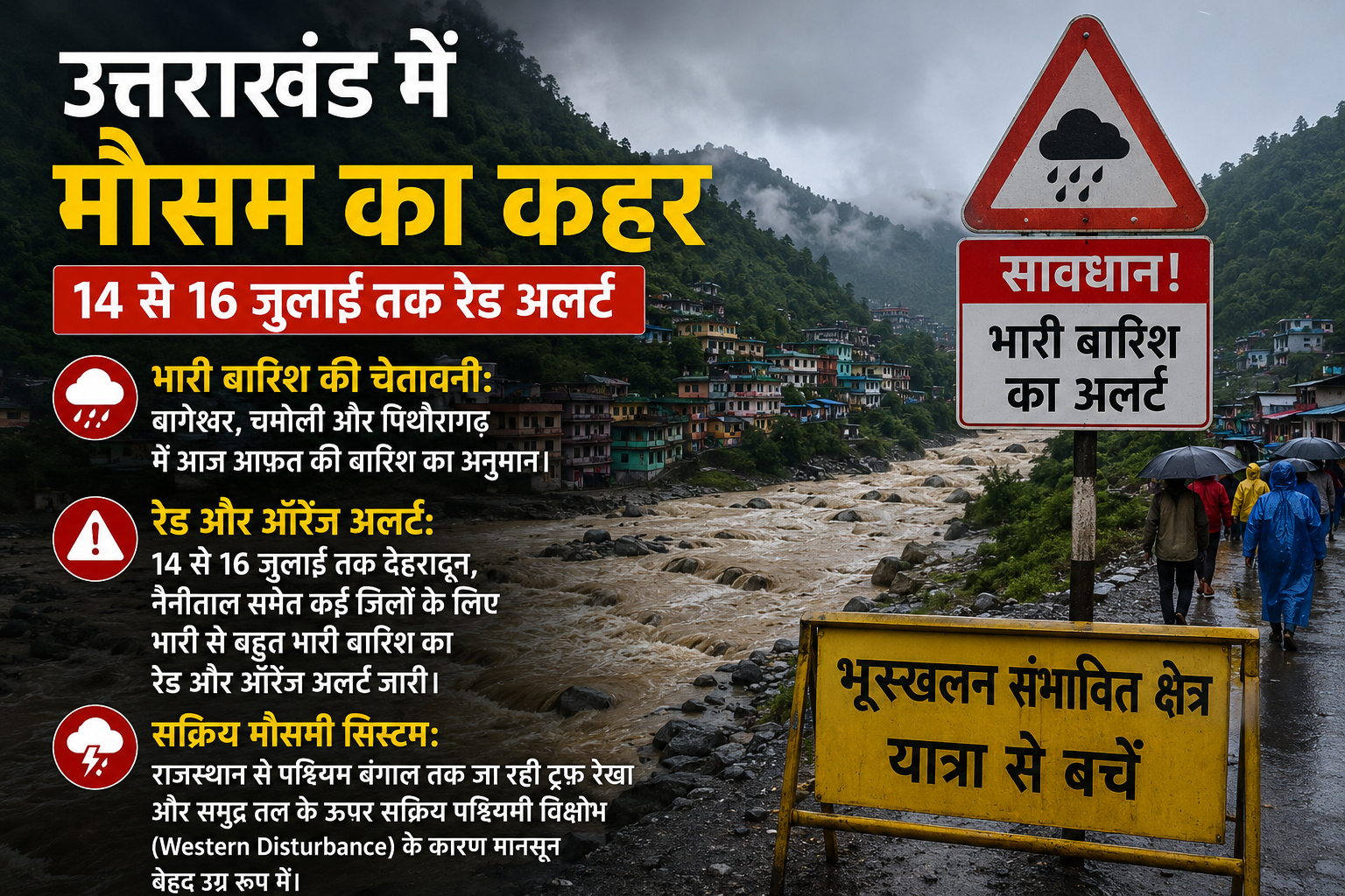 उत्तराखंड में मौसम का कहर: 14 से 16 जुलाई तक रेड और ऑरेंज अलर्ट, कई जिलों में मूसलाधार बारिश की चेतावनी