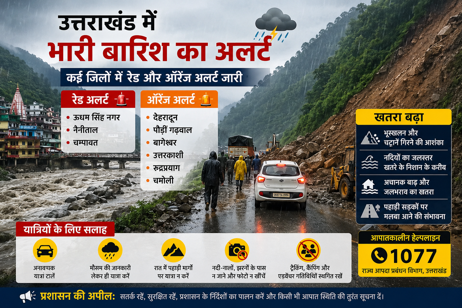 उत्तराखंड में भारी बारिश का अलर्ट: कई जिलों में रेड और ऑरेंज चेतावनी, भूस्खलन और फ्लैश फ्लड का बढ़ा खतरा
