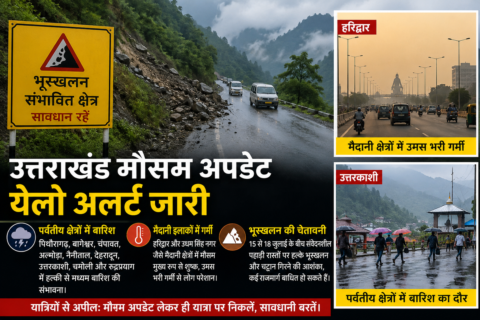 उत्तराखंड में मौसम का बदला मिजाज: पहाड़ों में येलो अलर्ट, मैदानों में उमस से बेहाल लोग, 18 जुलाई तक भूस्खलन का खतरा