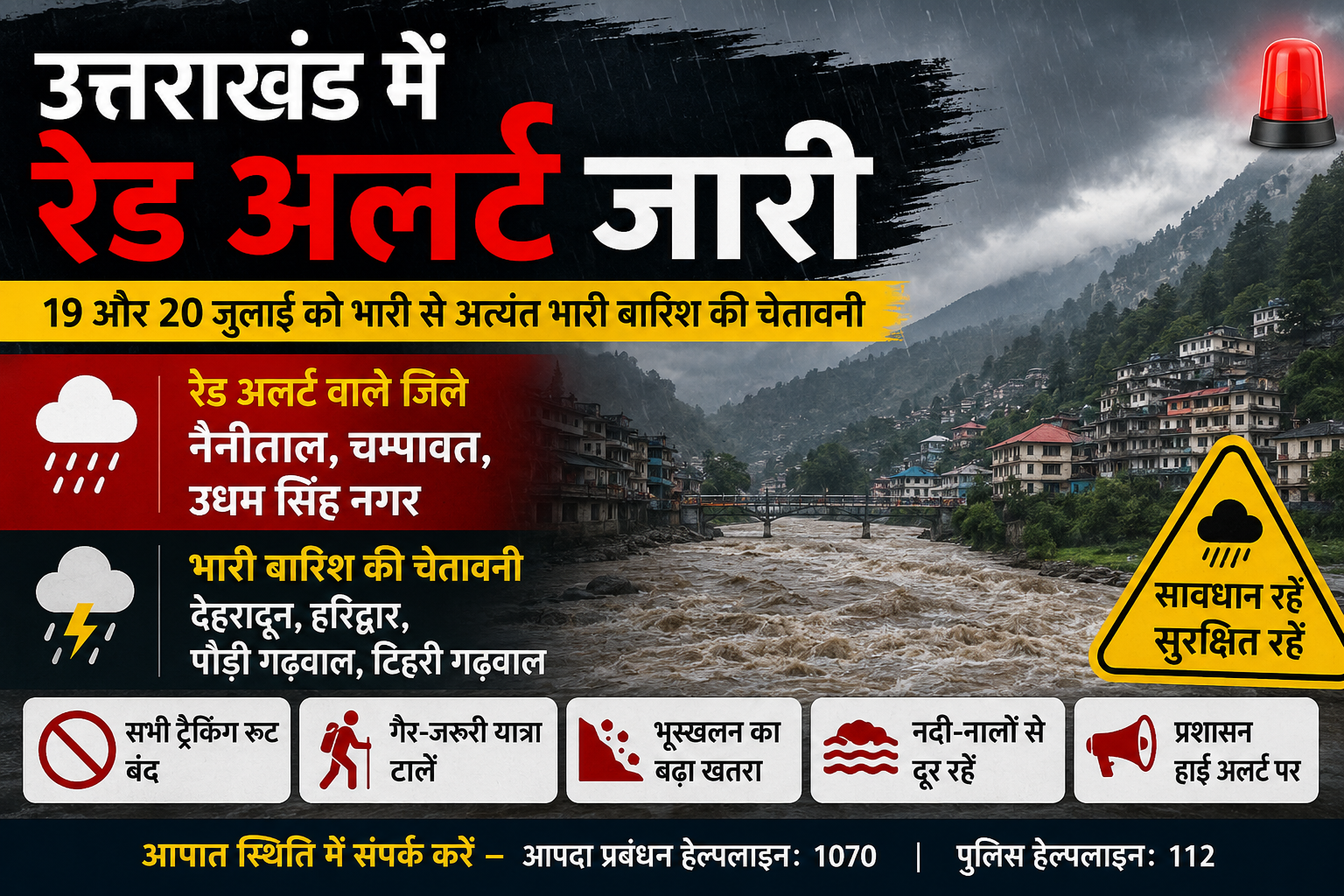 उत्तराखंड में मौसम का रेड अलर्ट: 19–20 जुलाई को भारी से अत्यंत भारी बारिश की चेतावनी, प्रशासन हाई अलर्ट पर