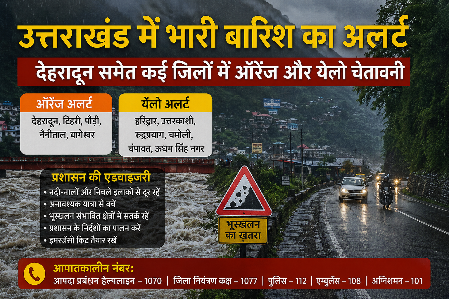 उत्तराखंड में भारी बारिश का कहर: कई जिलों में ऑरेंज और येलो अलर्ट, प्रशासन ने जारी की एडवाइजरी