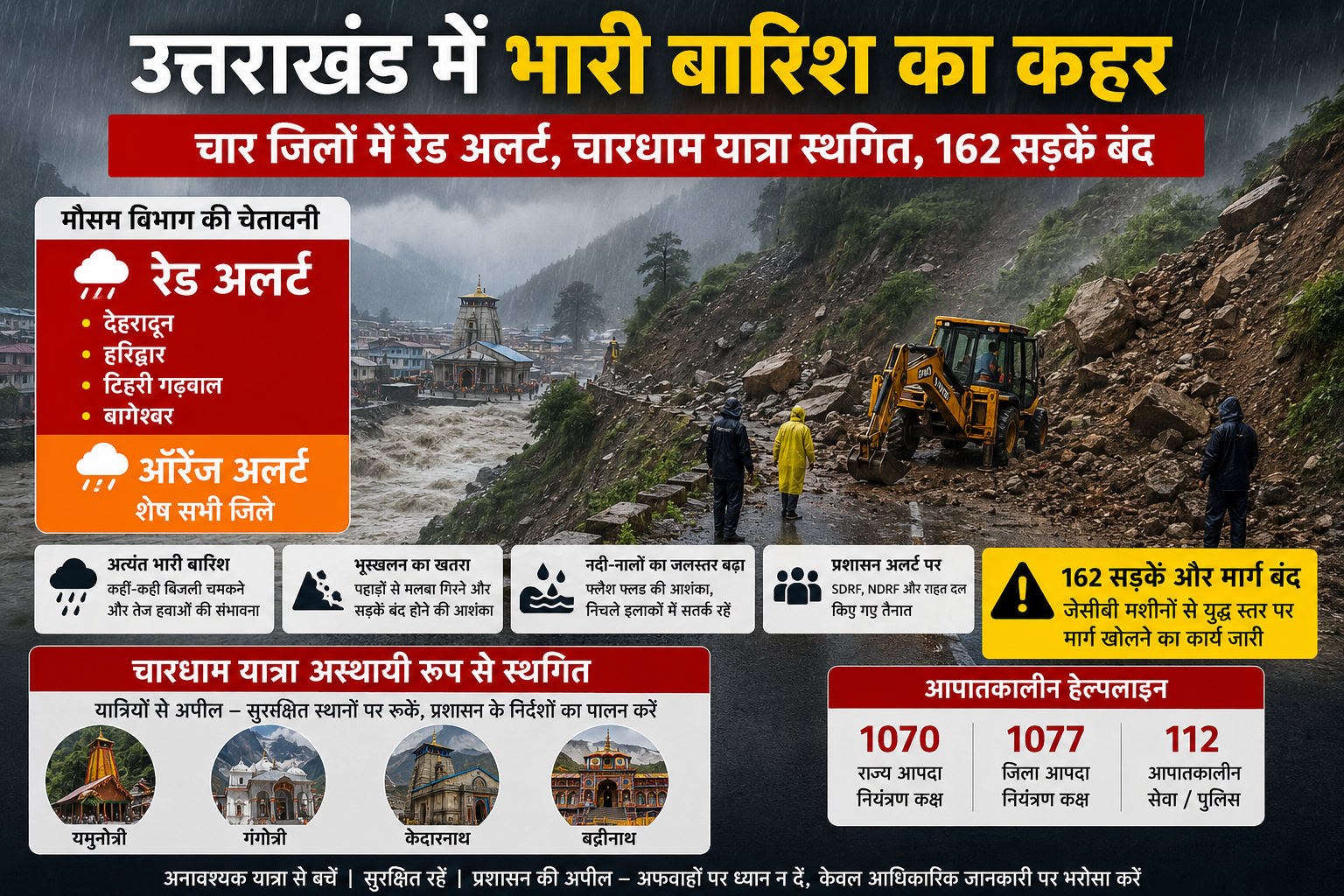 उत्तराखंड में बारिश का कहर: चार जिलों में रेड अलर्ट, चारधाम यात्रा स्थगित, 162 सड़कें बंद, प्रशासन हाई अलर्ट पर