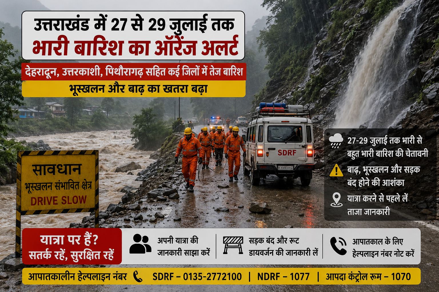 उत्तराखंड में 27 से 29 जुलाई तक भारी बारिश का ऑरेंज अलर्ट, भूस्खलन और बाढ़ का खतरा बढ़ा; उत्तरकाशी में युवक की तलाश जारी