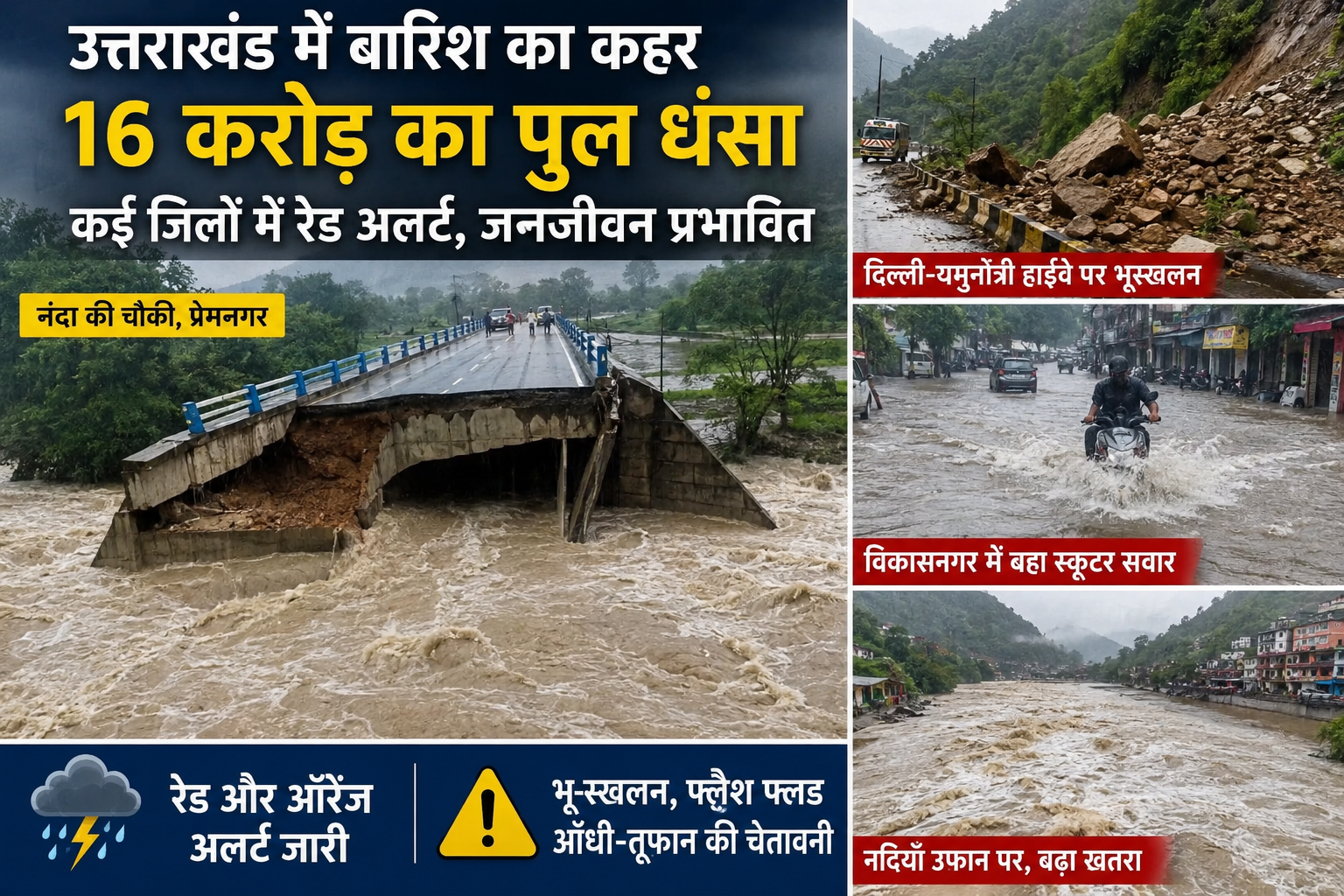 उत्तराखंड में बारिश का कहर: 16 करोड़ का पुल धंसा, कई जिलों में रेड अलर्ट, जनजीवन प्रभावित