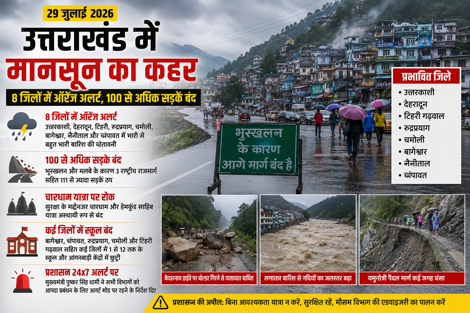 उत्तराखंड में मानसून का कहर: 8 जिलों में ऑरेंज अलर्ट, 100 से अधिक सड़कें बंद, चारधाम यात्रा पर रोक, कई जिलों में स्कूल बंद