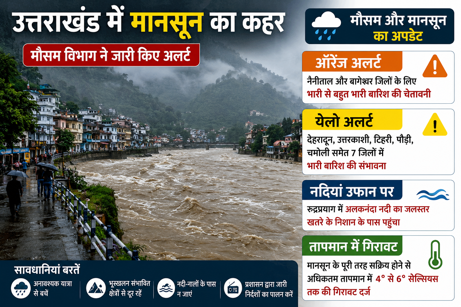 उत्तराखंड में मानसून का कहर: नैनीताल और बागेश्वर में ऑरेंज अलर्ट, सात जिलों में भारी बारिश की चेतावनी, अलकनंदा नदी का बढ़ता जलस्तर बढ़ा रहा चिंता