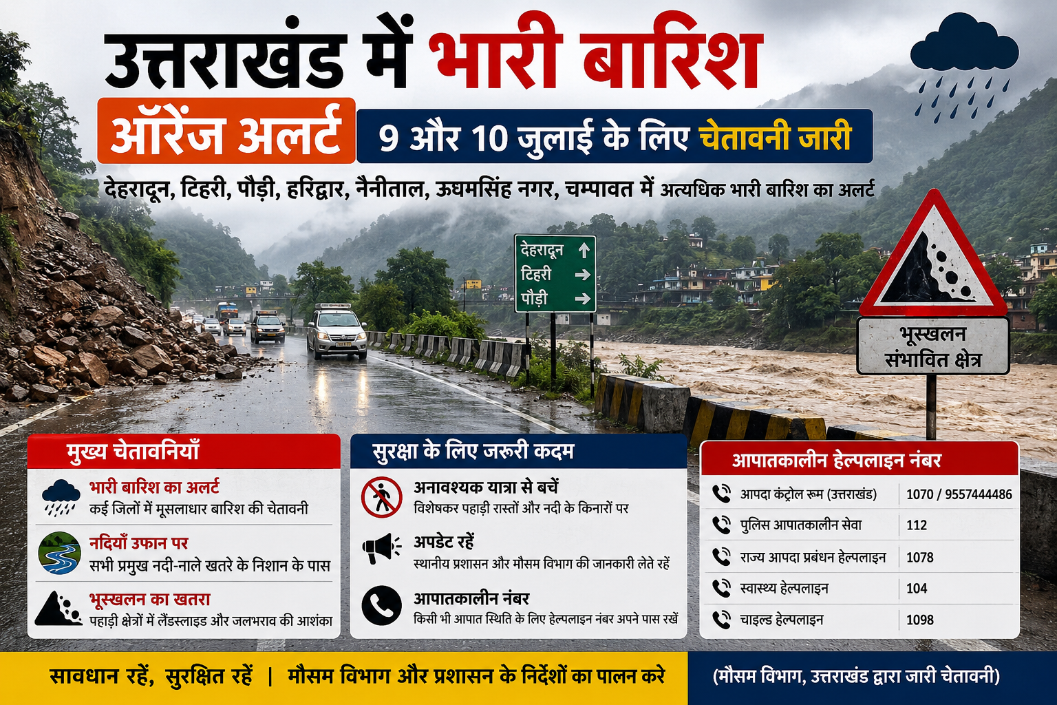 उत्तराखंड में मानसून का कहर: 9 और 10 जुलाई के लिए ऑरेंज अलर्ट, कई जिलों में अत्यधिक भारी बारिश की चेतावनी, नदियां उफान पर और भूस्खलन का बढ़ा खतरा