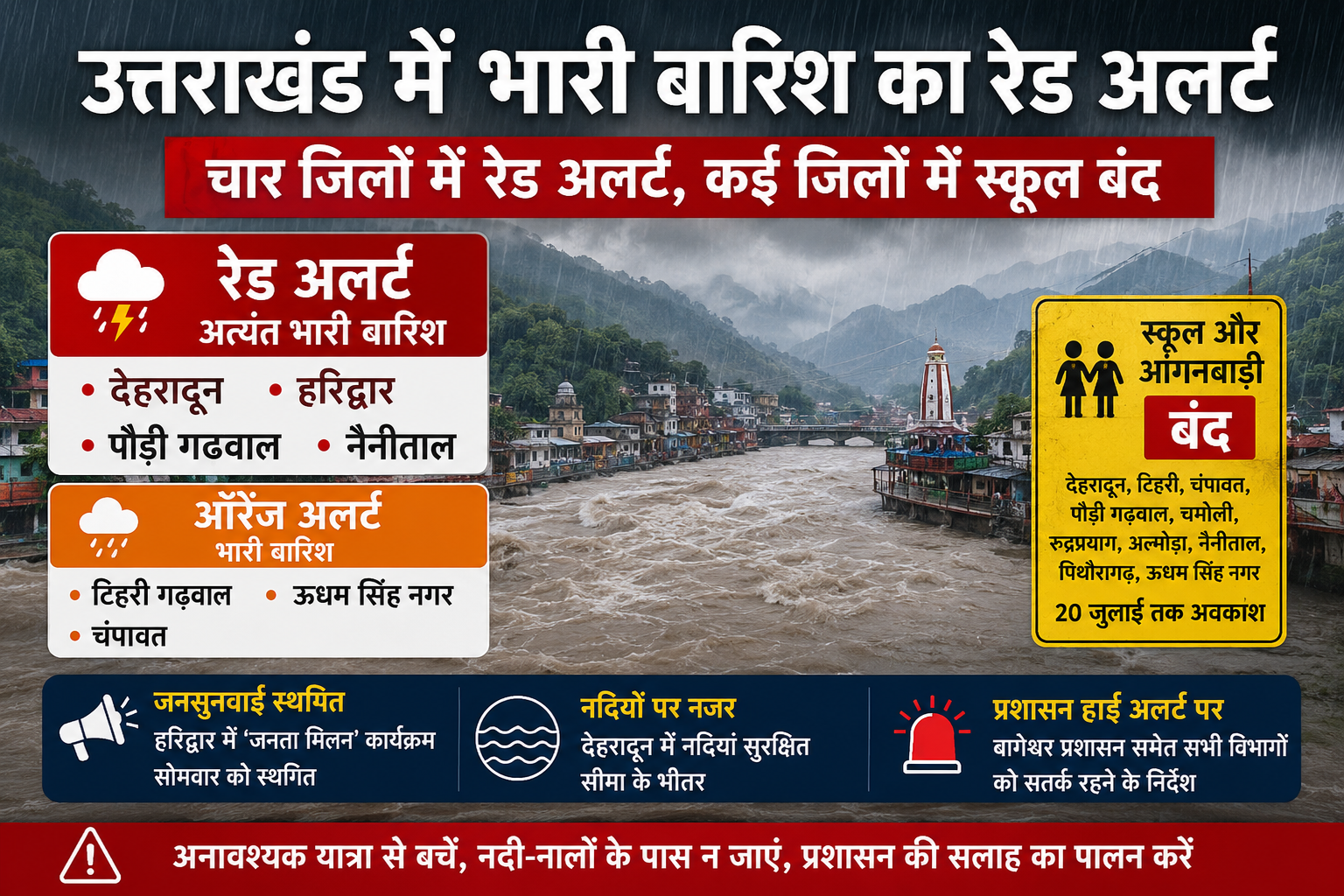 उत्तराखंड में भारी बारिश का कहर: चार जिलों में रेड अलर्ट, कई जिलों में स्कूल बंद, प्रशासन हाई अलर्ट पर
