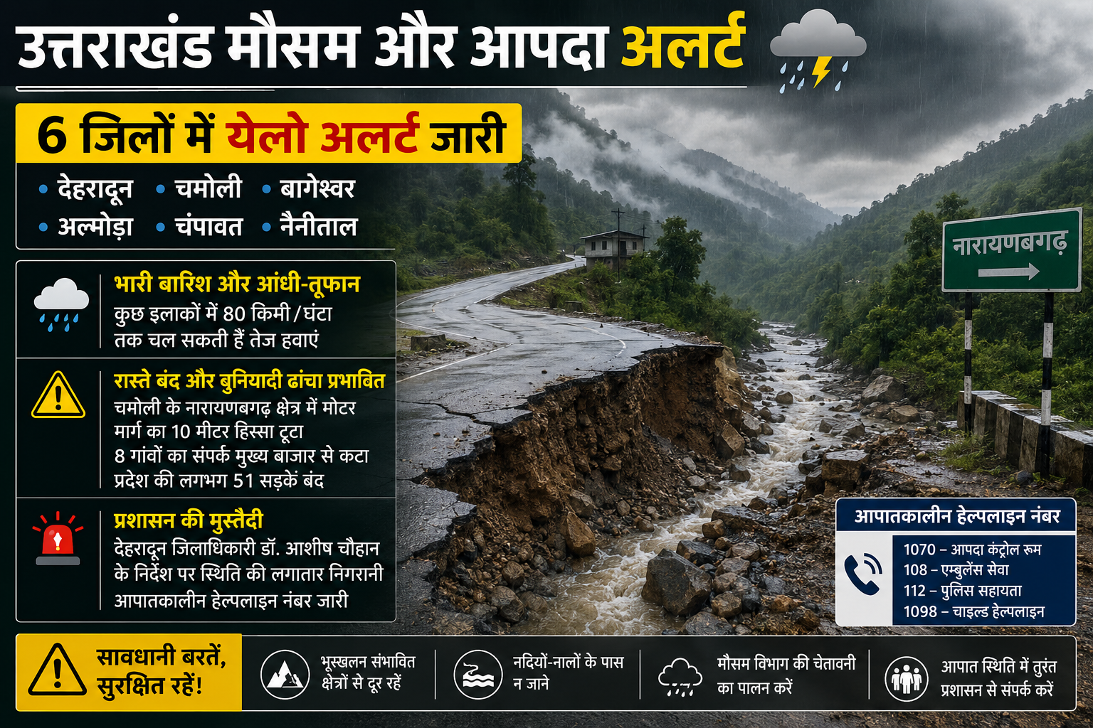 उत्तराखंड मौसम और आपदा अलर्ट: 6 जिलों में भारी बारिश का येलो अलर्ट, 80 किमी/घंटा तक चल सकती हैं तेज हवाएं