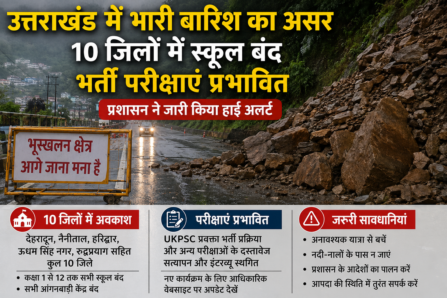 उत्तराखंड में भारी बारिश का असर: 10 जिलों में स्कूल बंद, भर्ती परीक्षाएं प्रभावित, प्रशासन ने जारी किया हाई अलर्ट