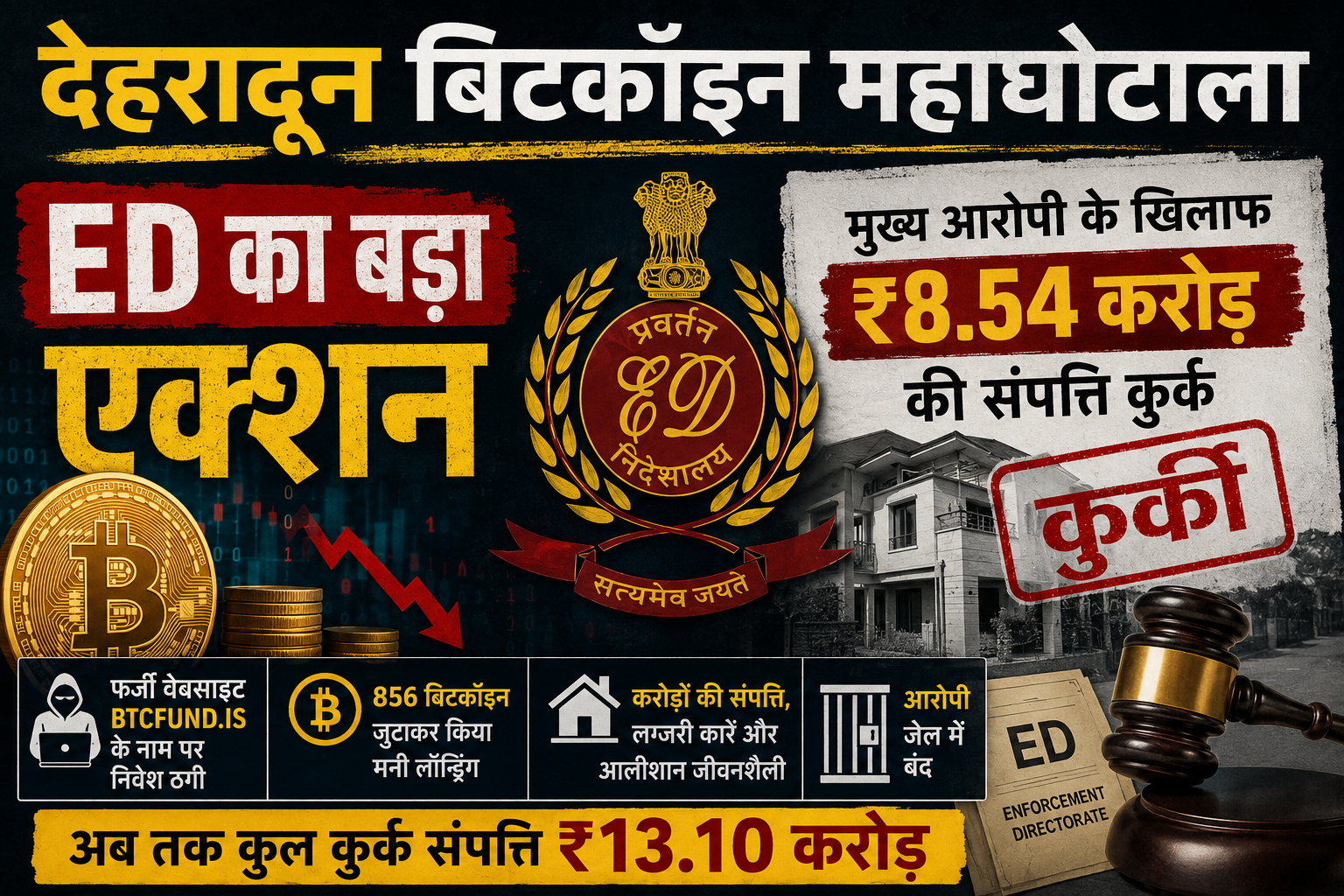 देहरादून बिटकॉइन महाघोटाला: ED का बड़ा एक्शन, मुख्य आरोपी हेमंत शर्मा की ₹8.54 करोड़ की संपत्ति कुर्क