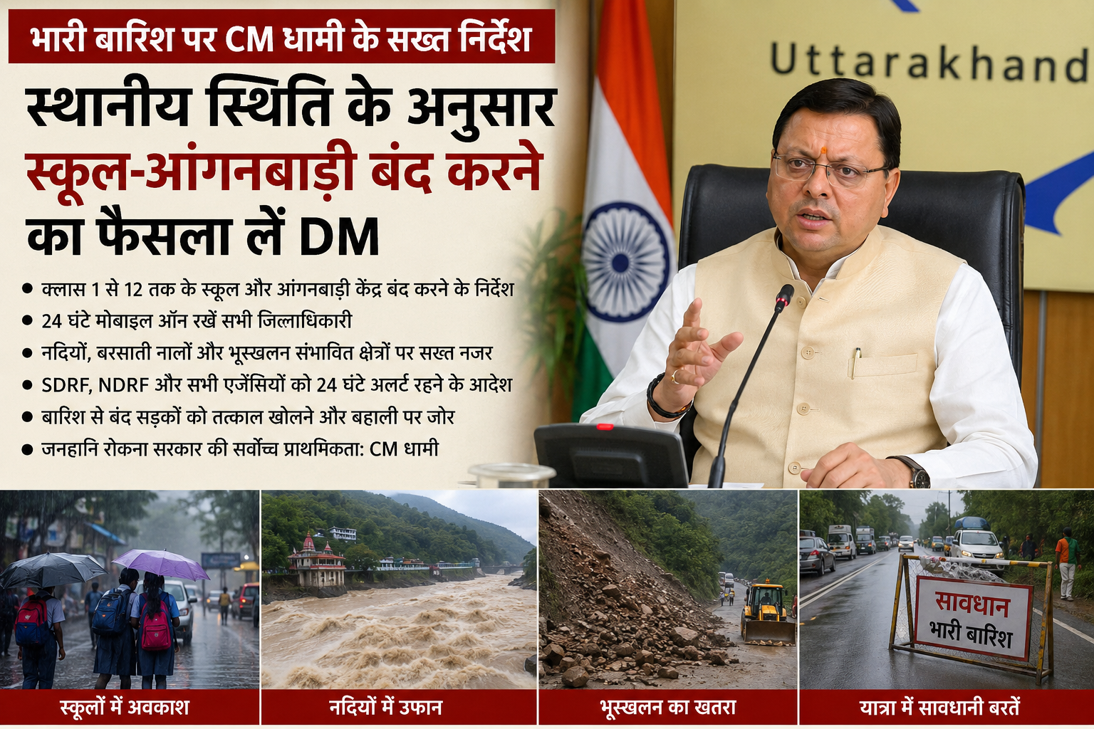 स्थानीय अवकाश: मौसम के रेड और ऑरेंज अलर्ट को देखते हुए जिलाधिकारियों (DM) को परिस्थितियों के अनुसार कक्षा 1 से 12 तक के स्कूलों और आंगनबाड़ियों में स्थानीय स्तर पर छुट्टी घोषित करने के निर्देश दिए गए हैं।सीएम धामी की सख्त हिदायत: मुख्यमंत्री पुष्कर सिंह धामी ने सभी जिलाधिकारियों को आपदा प्रबंधन तंत्र को पूरी तरह अलर्ट रखने और अपने फोन हमेशा चालू रखने के निर्देश दिए हैं। मानसून खत्म होते ही राज्य की क्षतिग्रस्त सड़कों को गड्ढा मुक्त करने के लिए विशेष अभियान चलाने की योजना भी तैयार की गई है
