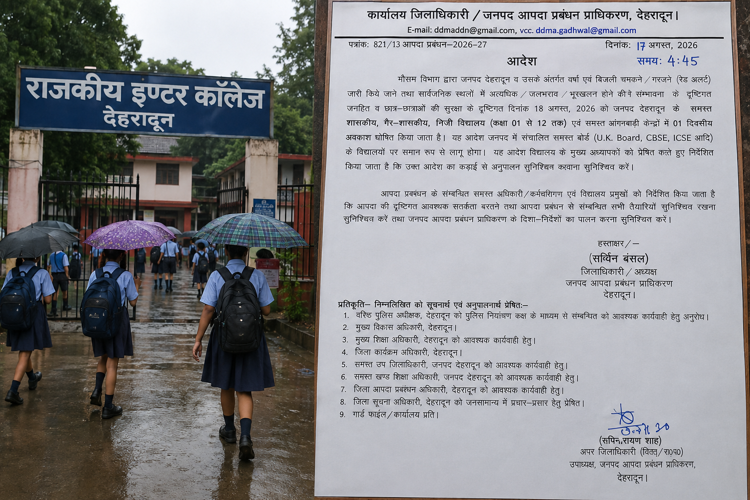देहरादून में भारी बारिश का खतरा: 18 अगस्त को स्कूल और आंगनबाड़ी केंद्र बंद रखने के आदेश, प्रशासन अलर्ट
