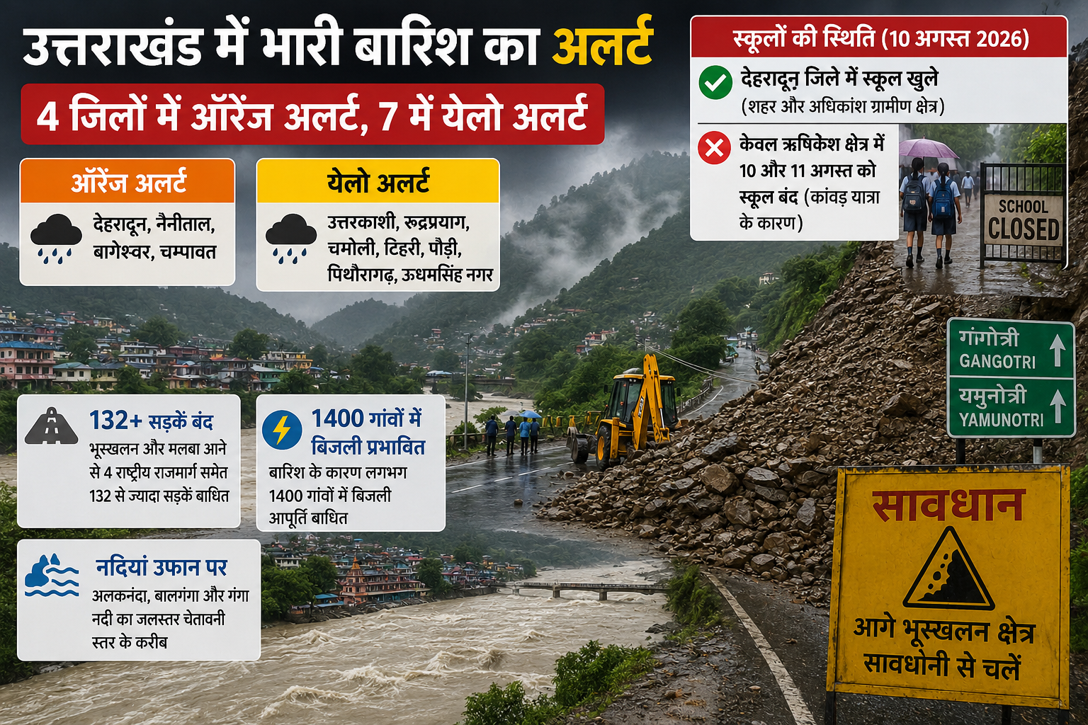 Uttarakhand Weather Alert: 4 जिलों में Orange Alert, 7 में Yellow Alert; 132 से ज्यादा सड़कें बंद, ऋषिकेश में स्कूल बंद