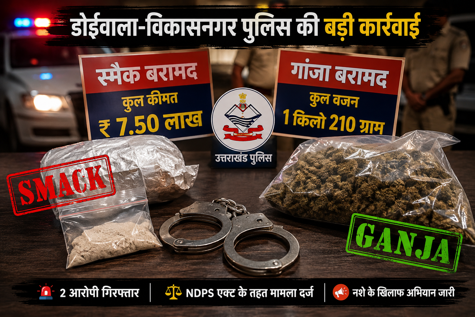 Doiwala-Vikasnagar में Police का बड़ा Action, 7.50 लाख की Smack और 1.21 किलो गांजा बरामद