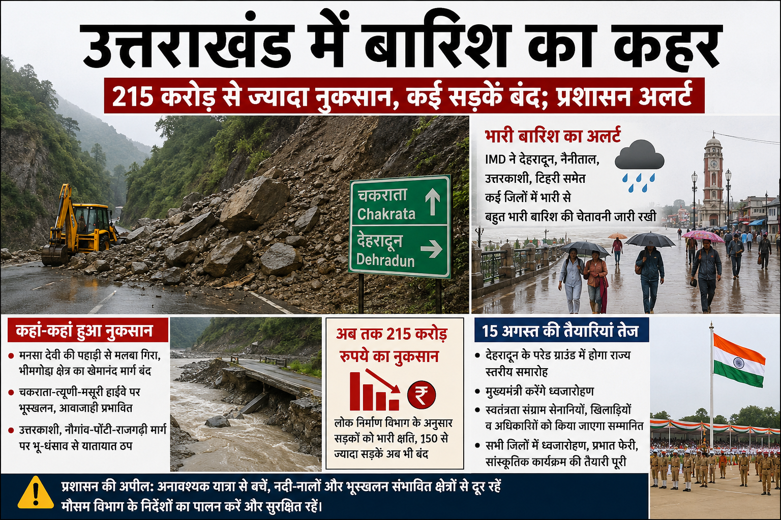 उत्तराखंड में बारिश का कहर: 215 करोड़ से ज्यादा नुकसान, कई सड़कें बंद; 15 अगस्त की तैयारियों के बीच प्रशासन अलर्ट