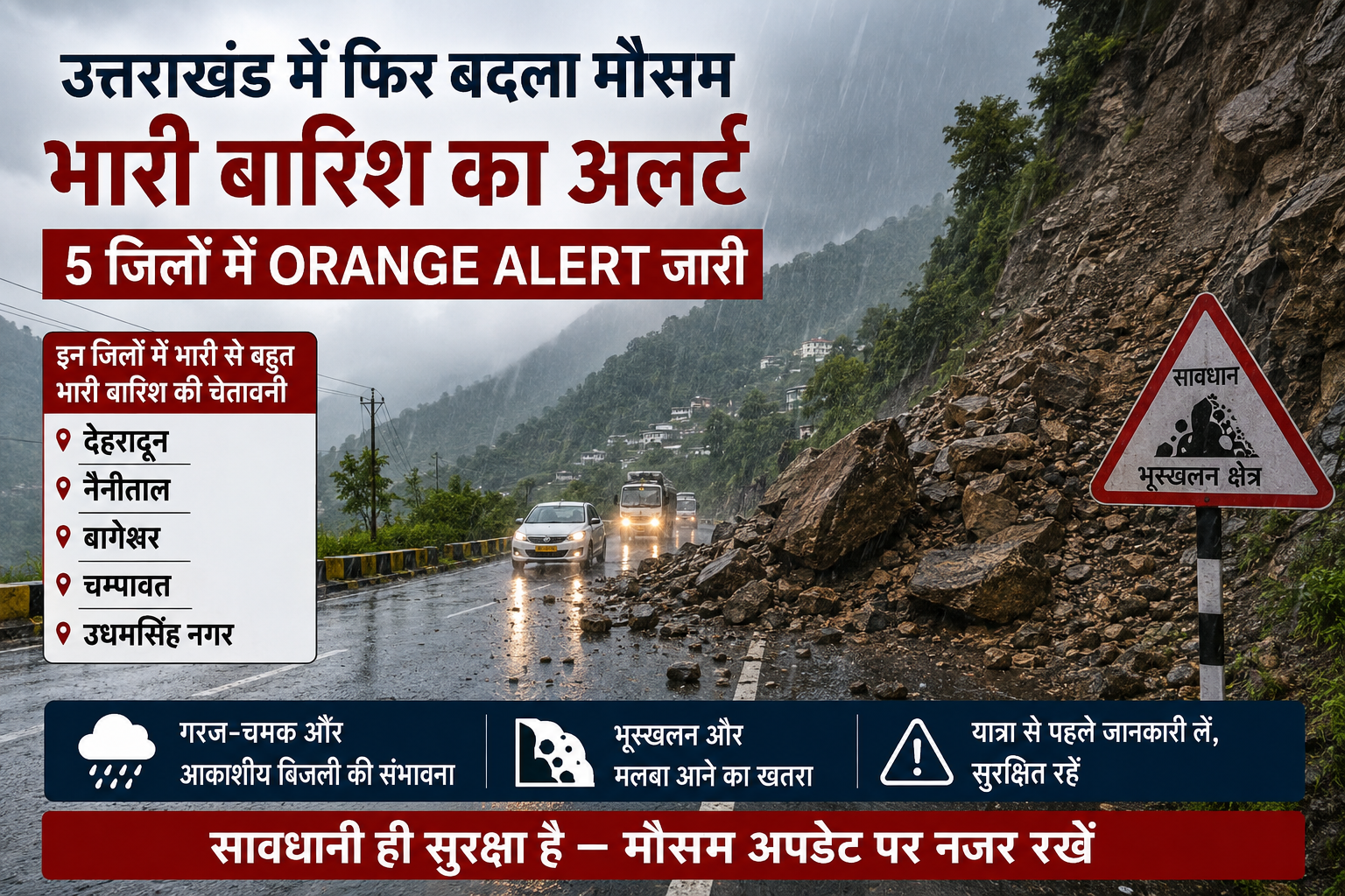 उत्तराखंड में भारी बारिश का अलर्ट, 5 जिलों में Orange Alert; पहाड़ों में भूस्खलन का खतरा