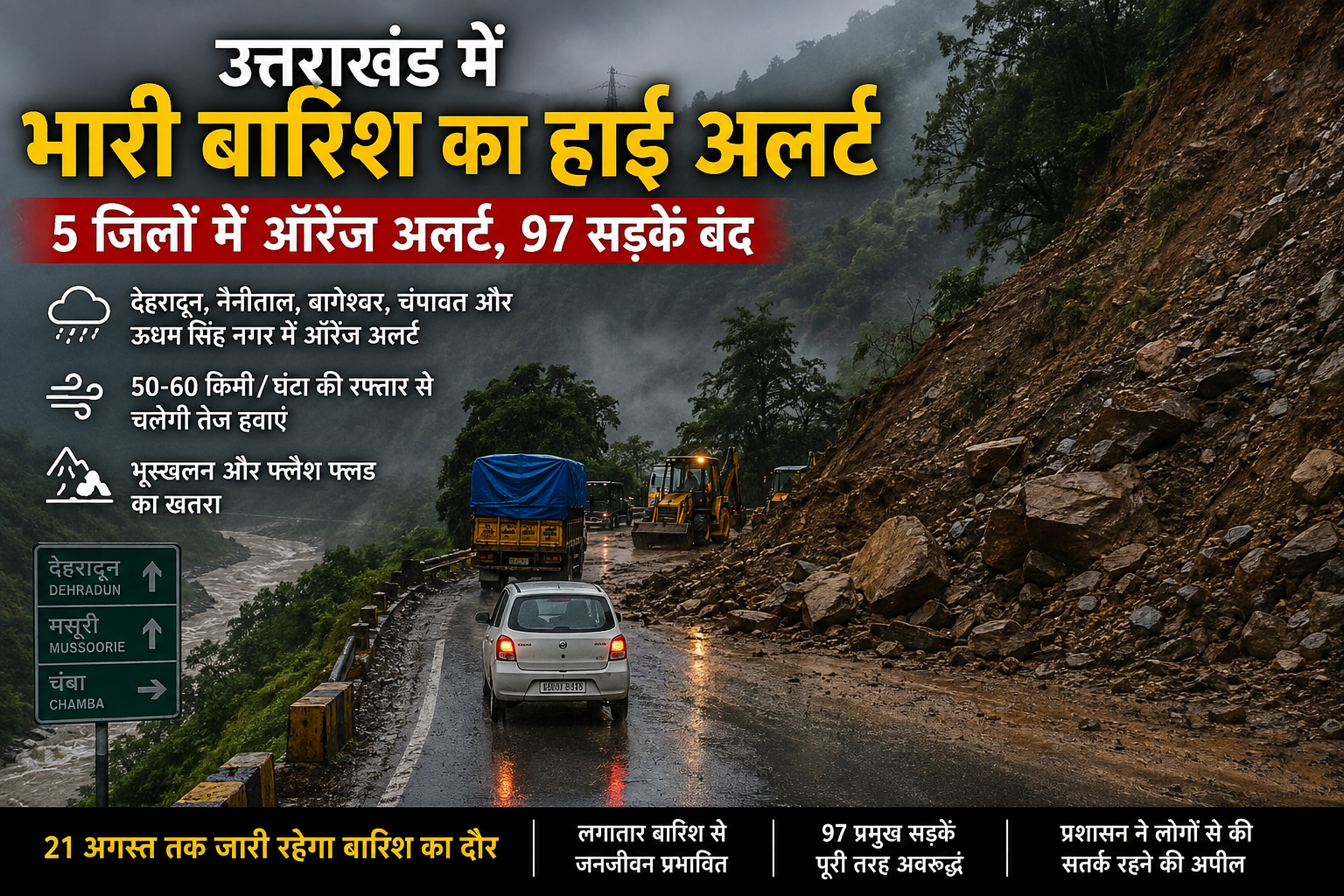 उत्तराखंड में बारिश का तांडव: 5 जिलों में ऑरेंज अलर्ट, 97 सड़कें बंद; 21 अगस्त तक मौसम रहेगा चुनौतीपूर्ण