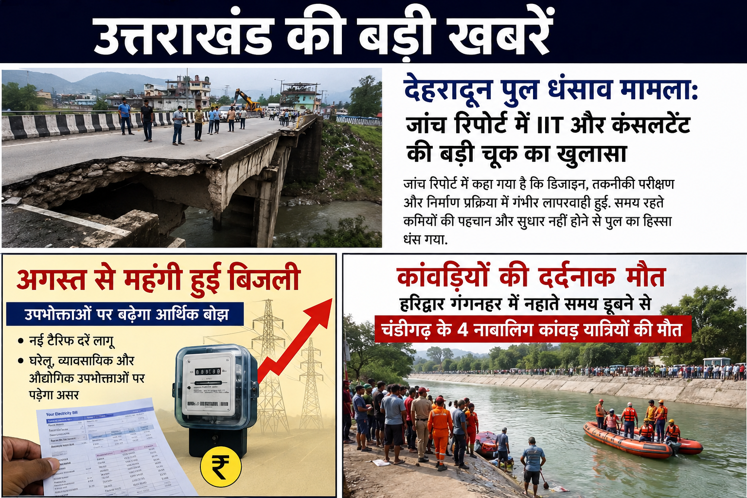 उत्तराखंड की बड़ी खबरें: देहरादून पुल धंसाव जांच में बड़ा खुलासा, अगस्त से महंगी हुई बिजली, हरिद्वार में 4 कांवड़ियों की दर्दनाक मौत
