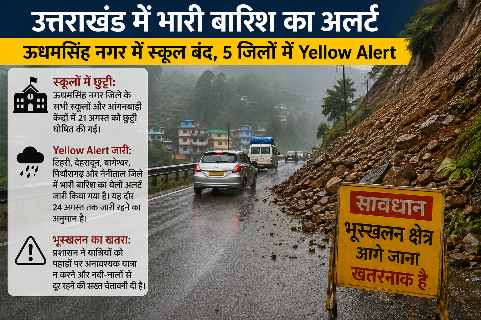 उत्तराखंड में भारी बारिश का अलर्ट: ऊधमसिंह नगर में स्कूल बंद, 5 जिलों में Yellow Alert; भूस्खलन का खतरा बढ़ा