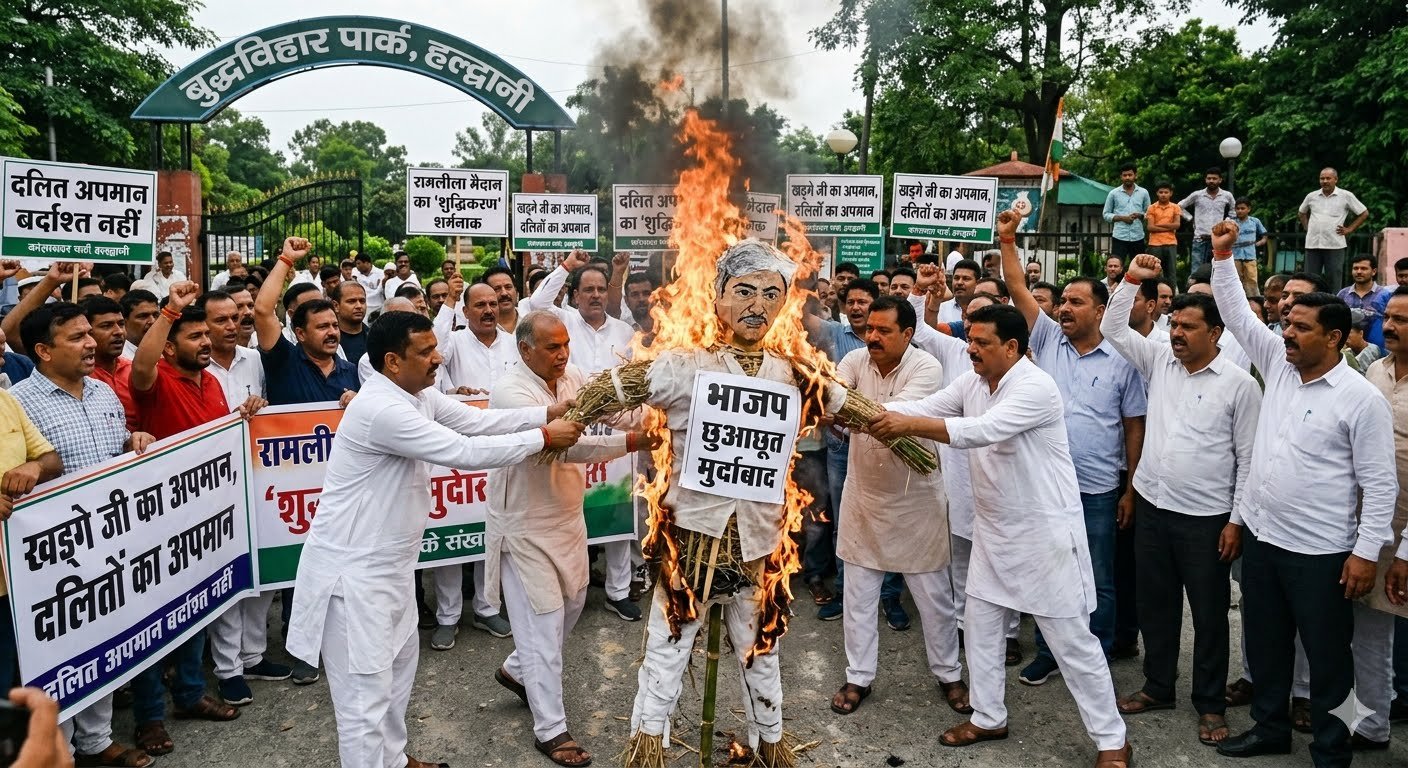 खड़गे की रैली के बाद ‘शुद्धिकरण’ पर बवाल, हल्द्वानी में कांग्रेस ने फूंका भाजपा का पुतला