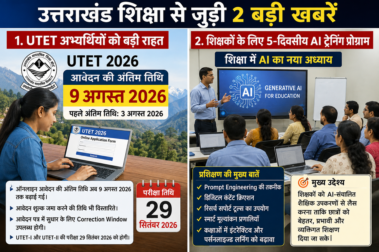 उत्तराखंड शिक्षा जगत से दो बड़ी खबरें: UTET अभ्यर्थियों को बड़ी राहत, शिक्षकों के लिए शुरू हुआ 5-दिवसीय AI प्रशिक्षण कार्यक्रम