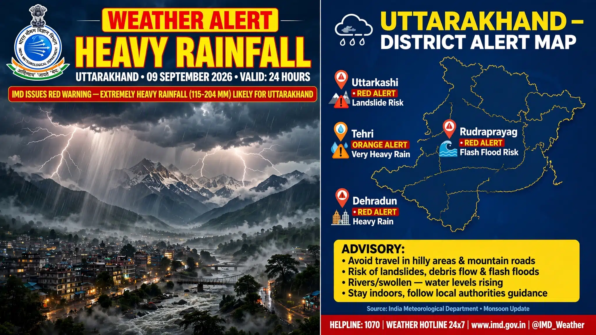 उत्तराखंड में आफत: देहरादून, टिहरी, उत्तरकाशी में भारी बारिश अलर्ट